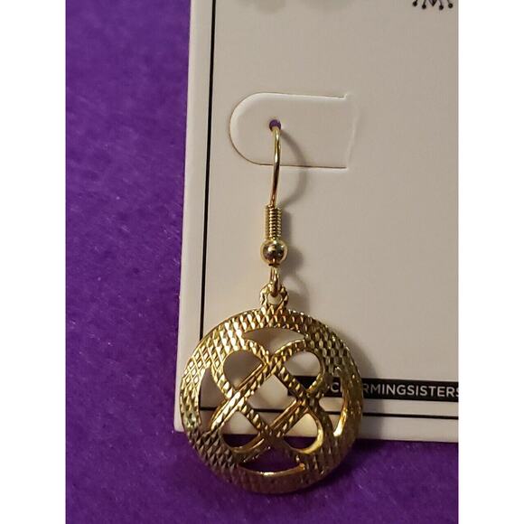Gold Plated Brass Dangle Earrings Puffy Round Textured Open Work Design New - Picture 2 of 7